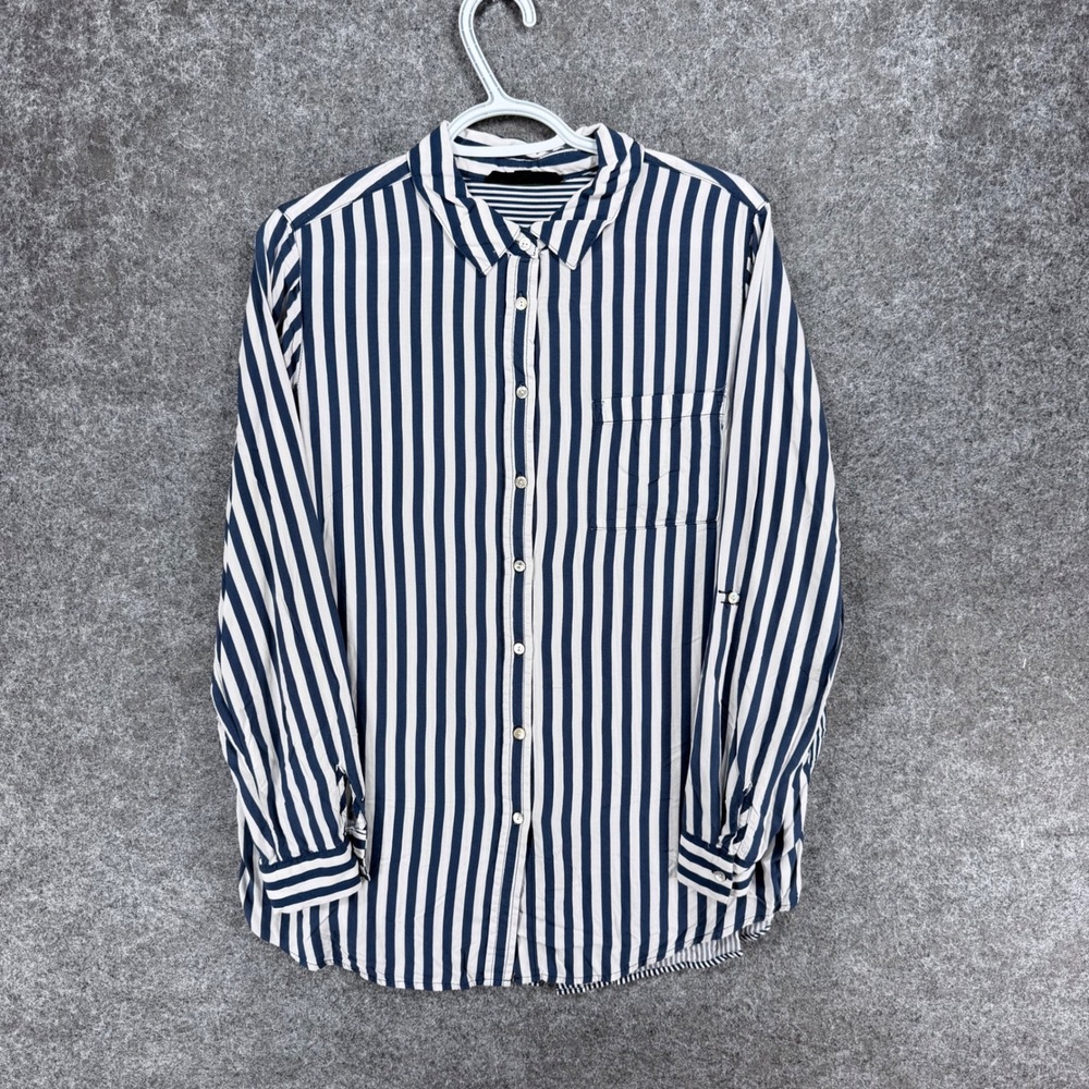 Jane + Delancey L Blue White Striped Button Front Back Shirt Rayon Roll Sleeve
